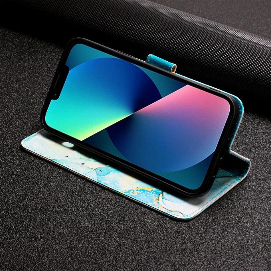 Leather Flip Phone Case For iPhone 14 13 12 Mini 11 Pro XS Max Cute Card Slot Wallet Cover Marble Pattern PU Leather Shockproof Flip Wallet Case with Stand Magnetic Money Pouch Silicone Bumper Phone Case