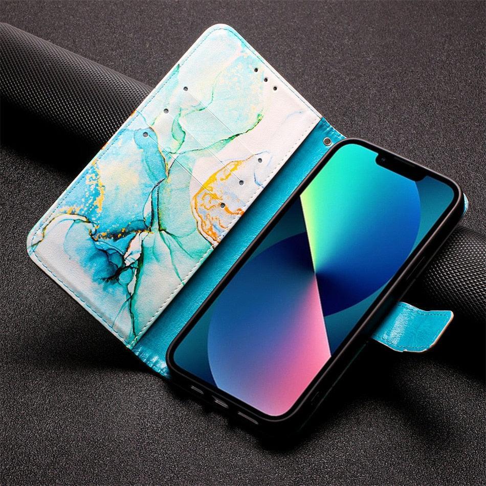Leather Flip Phone Case For iPhone 14 13 12 Mini 11 Pro XS Max Cute Card Slot Wallet Cover Marble Pattern PU Leather Shockproof Flip Wallet Case with Stand Magnetic Money Pouch Silicone Bumper Phone Case