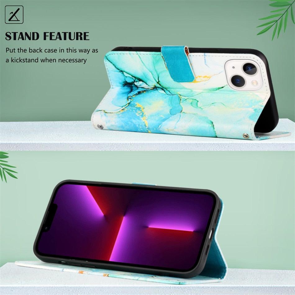 Leather Flip Phone Case For iPhone 14 13 12 Mini 11 Pro XS Max Cute Card Slot Wallet Cover Marble Pattern PU Leather Shockproof Flip Wallet Case with Stand Magnetic Money Pouch Silicone Bumper Phone Case