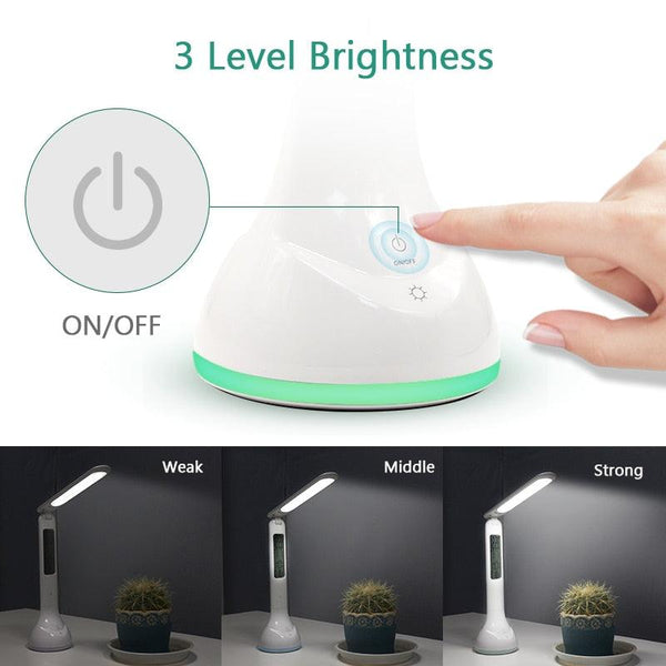 LED Desk Lamp Foldable Dimmable Touch Rechargeable Table Lamp with Calendar Temperature Alarm Clock Decorative Table Lamp Cute Study Lamps for Bedroom Décor