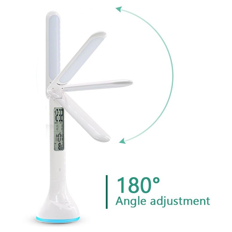 LED Desk Lamp Foldable Dimmable Touch Rechargeable Table Lamp with Calendar Temperature Alarm Clock Decorative Table Lamp Cute Study Lamps for Bedroom Décor