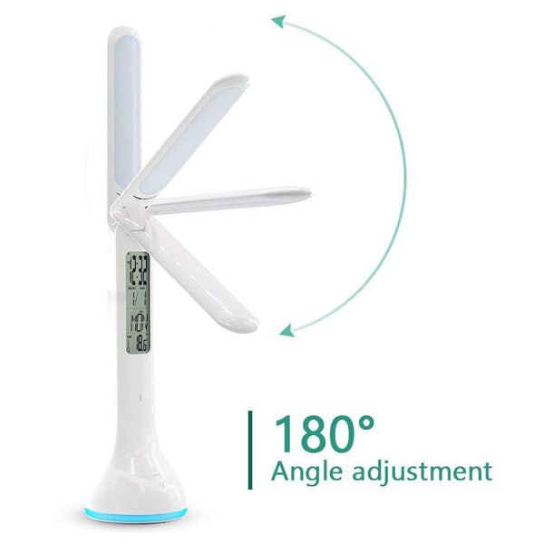 LED Desk Lamp Foldable Dimmable Touch Rechargeable Table Lamp with Calendar Temperature Alarm Clock Decorative Table Lamp Cute Study Lamps for Bedroom Décor