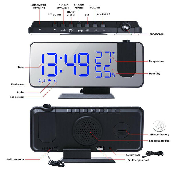 LED Digital Alarm Clock Projection Clock Radios Loud Ceiling Alarm Clock for Heavy Sleepers Snooze Dual Clock Bedside Dimmer with USB Charger Digital LED Clock FM Radio Table Electronic Desktop Clocks USB Wake Up FM Radio Time Projector Snooze Function