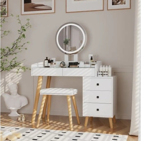 LED Light on Mirror Dressing Table with 5 Drawers & Glass Top