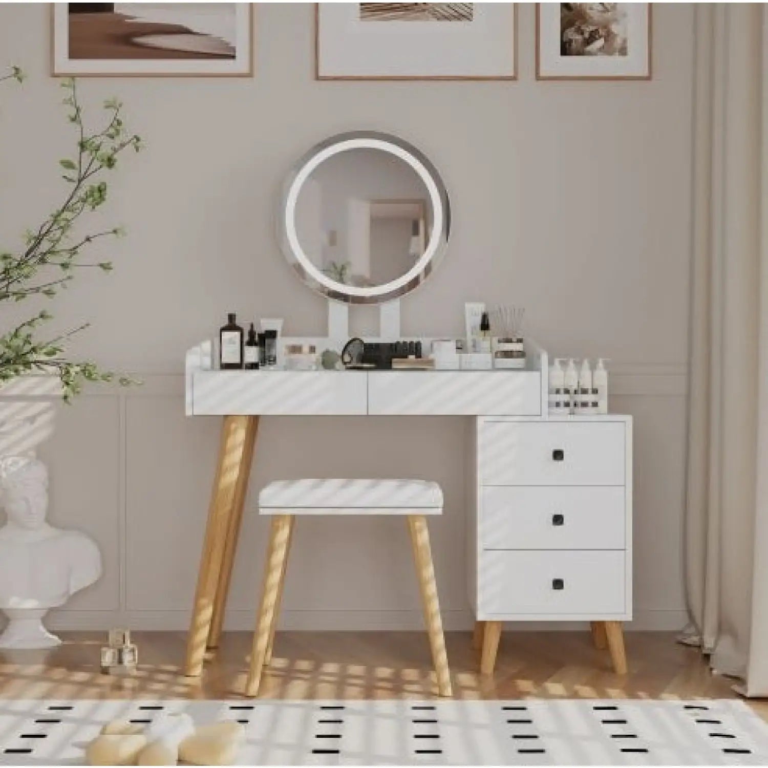 LED Light on Mirror Dressing Table with 5 Drawers & Glass Top