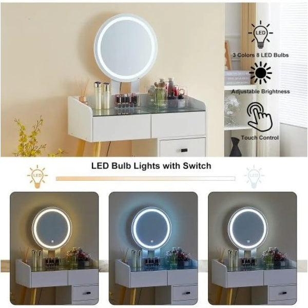 LED Light on Mirror Dressing Table with 5 Drawers & Glass Top