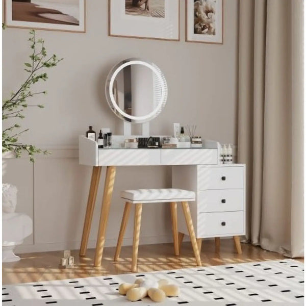 LED Light on Mirror Dressing Table with 5 Drawers & Glass Top