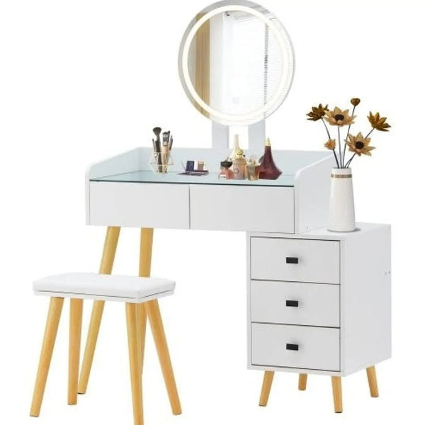 LED Light on Mirror Dressing Table with 5 Drawers & Glass Top