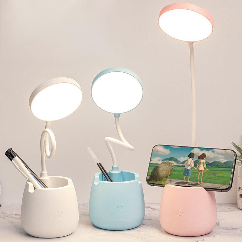 LED Table Lamp With Pen Holder Touch Dimmable Flexo Desk Lamp USB Rechargeable Eye Protection Bedside Learning Reading Lamp Decorative Table Lamp Cute Study Lamps for Bedroom Décor
