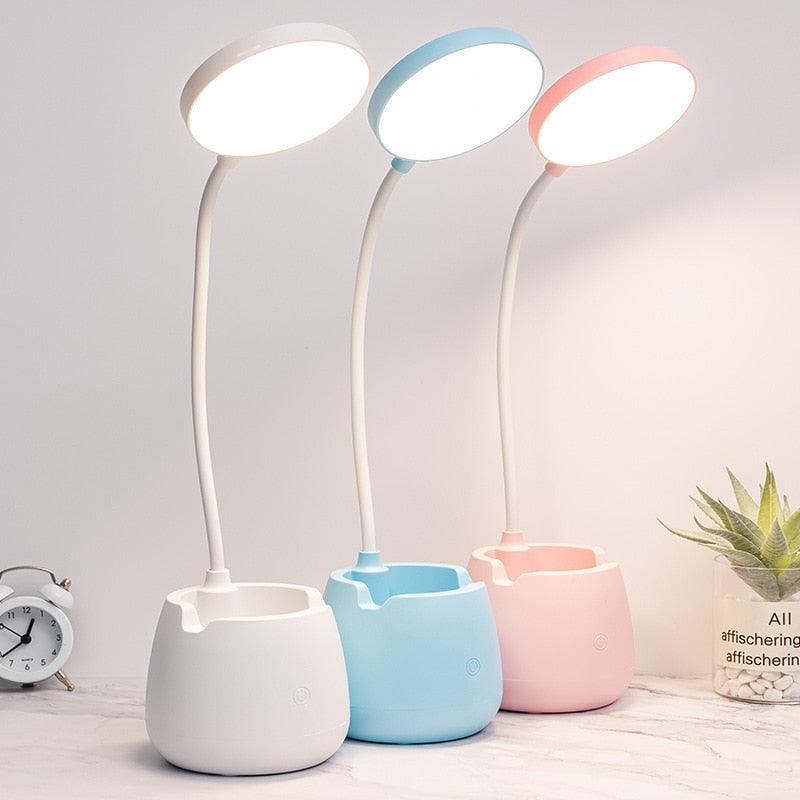 LED Table Lamp With Pen Holder Touch Dimmable Flexo Desk Lamp USB Rechargeable Eye Protection Bedside Learning Reading Lamp Decorative Table Lamp Cute Study Lamps for Bedroom Décor