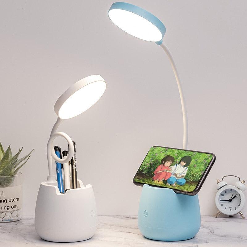 LED Table Lamp With Pen Holder Touch Dimmable Flexo Desk Lamp USB Rechargeable Eye Protection Bedside Learning Reading Lamp Decorative Table Lamp Cute Study Lamps for Bedroom Décor
