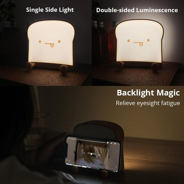 LED Toast Night Light with Silicone Foot Phone Holder Table Lamp Infinite Dimming Bread Decoration Creative Lamp Decorative Table Lamp Cute Study Lamps for Bedroom Décor