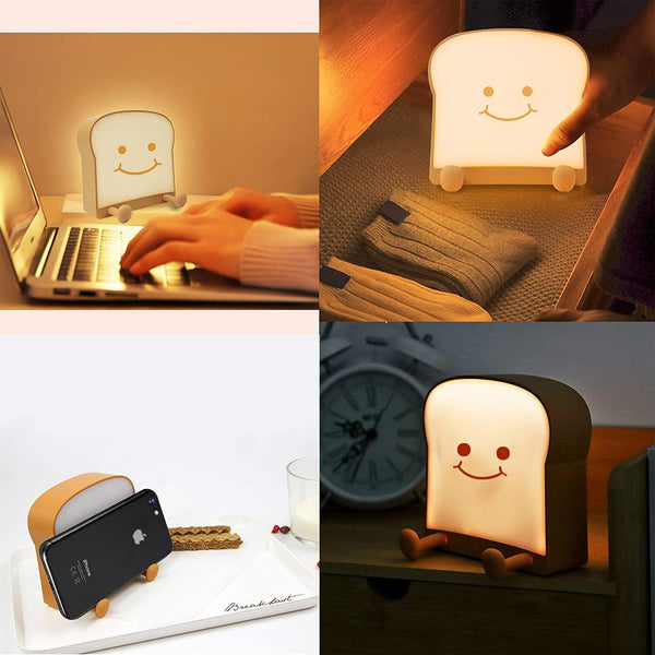 LED Toast Night Light with Silicone Foot Phone Holder Table Lamp Infinite Dimming Bread Decoration Creative Lamp Decorative Table Lamp Cute Study Lamps for Bedroom Décor