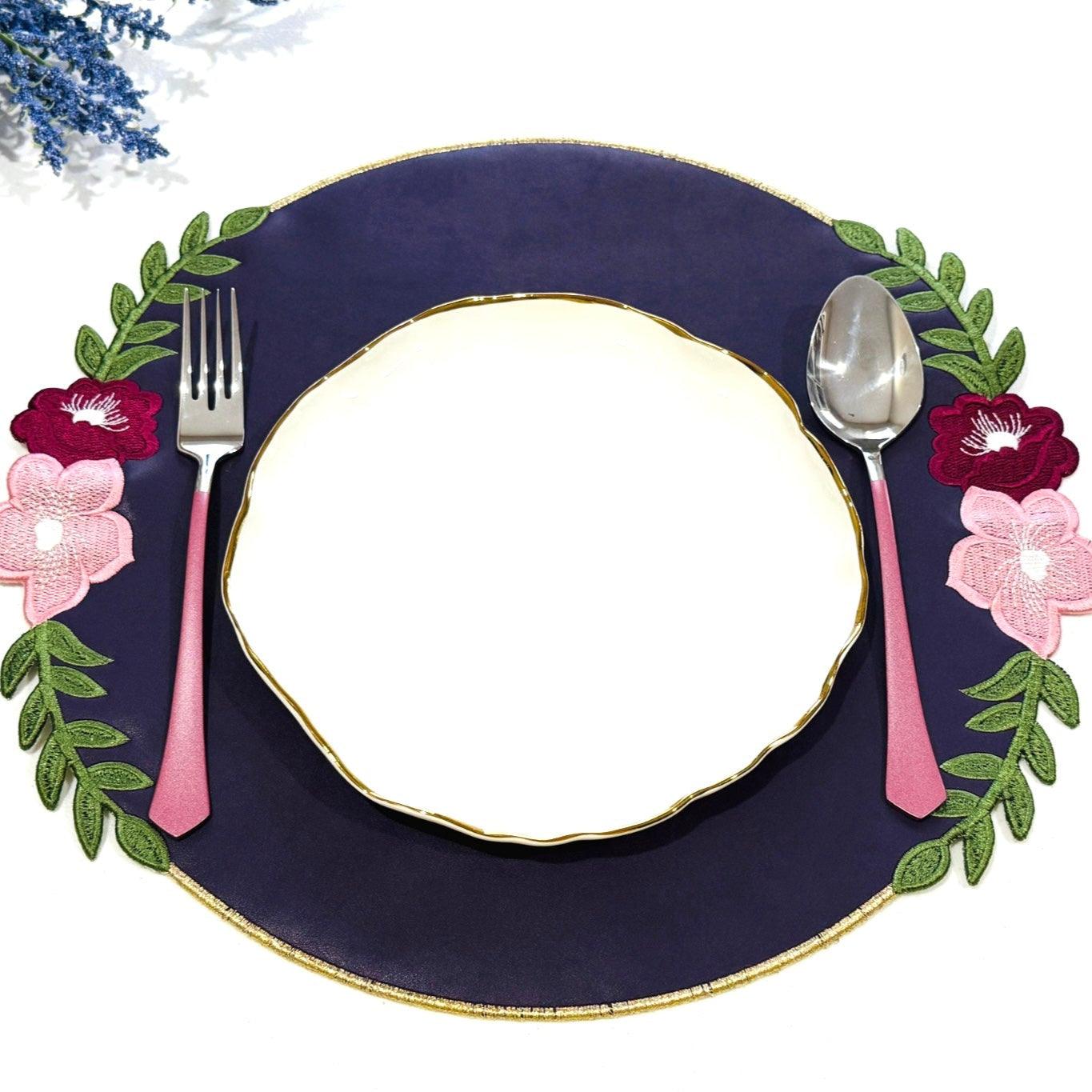 SPRING TABLE DECOR – JASMINE PURPLE ORANGE ROUND FAUX LEATHER PLACEMAT