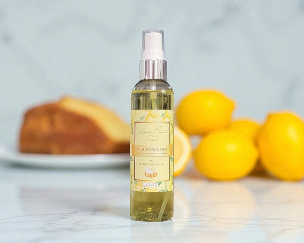 Bottle of 'Fragrance Mist' with lemons and bread in the background