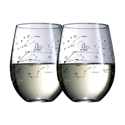 Set of 2 Zodiac Sign Wine Glasses with 2 Wooden Coasters by The Wine Savant - Astrology Drinking Glass Set with Etched Constellation Tumblers for Juice, Water Home Bar Horoscope Gifts 18oz (Leo)