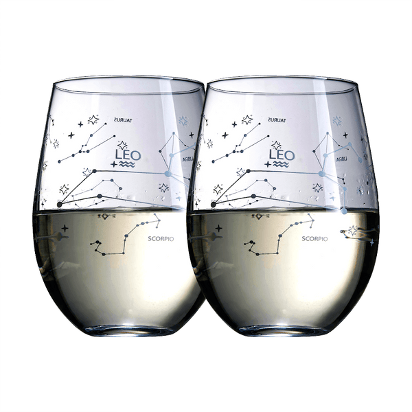 Set of 2 Zodiac Sign Wine Glasses with 2 Wooden Coasters by The Wine Savant - Astrology Drinking Glass Set with Etched Constellation Tumblers for Juice, Water Home Bar Horoscope Gifts 18oz (Leo)