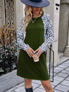 Leopard Round Neck Long Sleeve Dress - Army Green / S