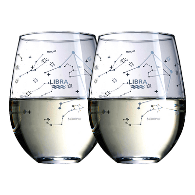 Set of 2 Zodiac Sign Wine Glasses with 2 Wooden Coasters by The Wine Savant - Astrology Drinking Glass Set with Etched Constellation Tumblers for Juice, Water Home Bar Horoscope Gifts 18oz (Libra)