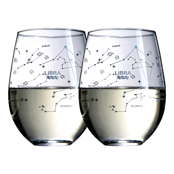 Set of 2 Zodiac Sign Wine Glasses with 2 Wooden Coasters by The Wine Savant - Astrology Drinking Glass Set with Etched Constellation Tumblers for Juice, Water Home Bar Horoscope Gifts 18oz (Libra)