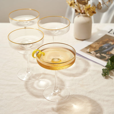 Ribbed Coupe Cocktail Glasses With Gold Rim 8 oz | Set of 4 | Classic Manhattan Glasses For Cocktails, Champagne Coupe, Ripple Coupe Glasses, Art Deco Gatsby Vintage, Crystal with Stems