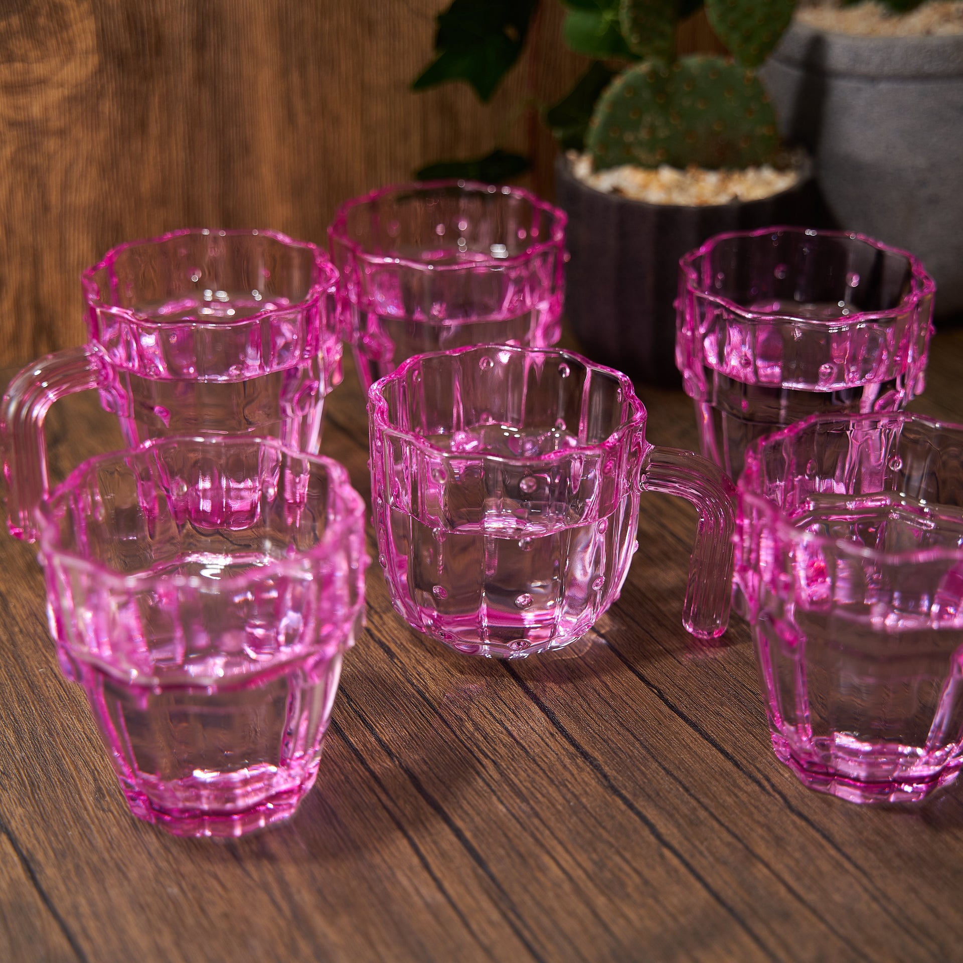 Cactus Stackable Glasses, Stacktus Gifts, Set of 6-10 oz Cactus Shape Glasses With Handles Pink Glass Blown Figurines Plant Decorations for Parties 3.5