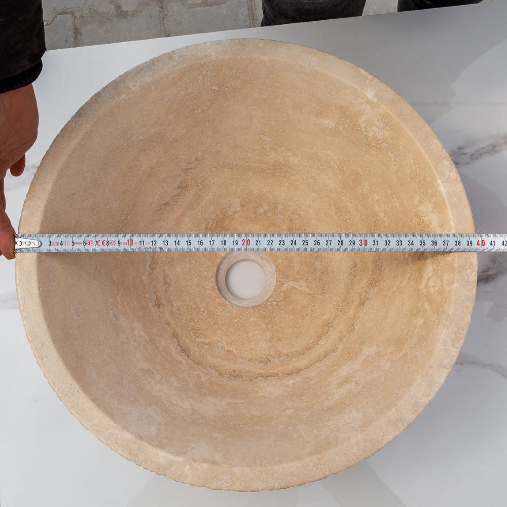 Light Beige Travertine V-Shape Tapered Sink Honed Inside and Sandblasted Outside  (D)16