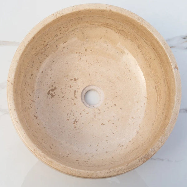 Light Beige Travertine Natural Stone Vessel Sink Filled and Polished  (D)16