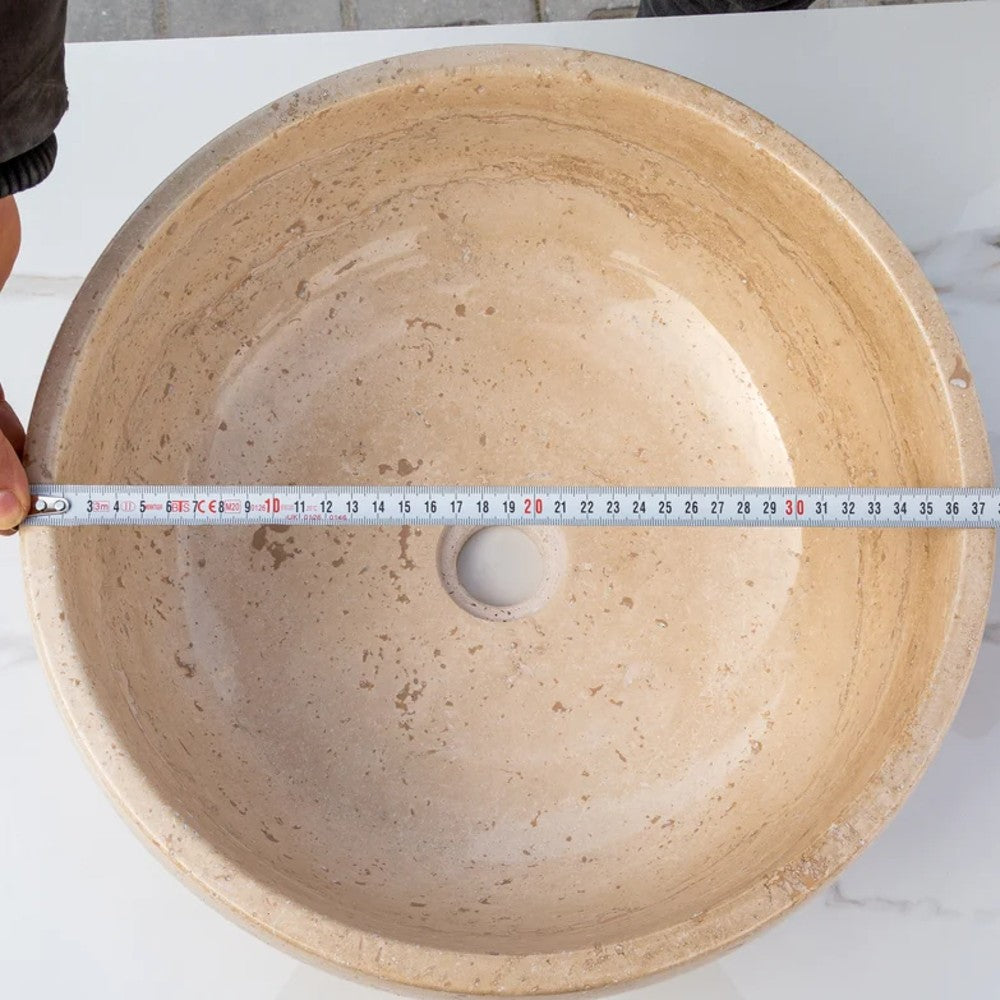 Light Beige Travertine Natural Stone Vessel Sink Filled and Polished  (D)16