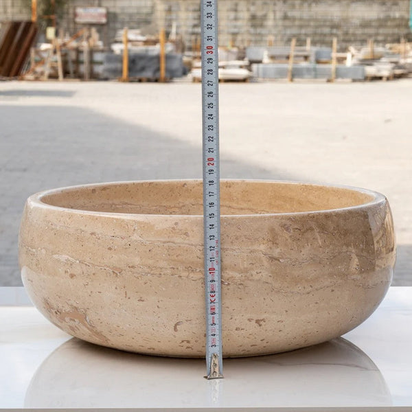 Light Beige Travertine Natural Stone Vessel Sink Filled and Polished  (D)16