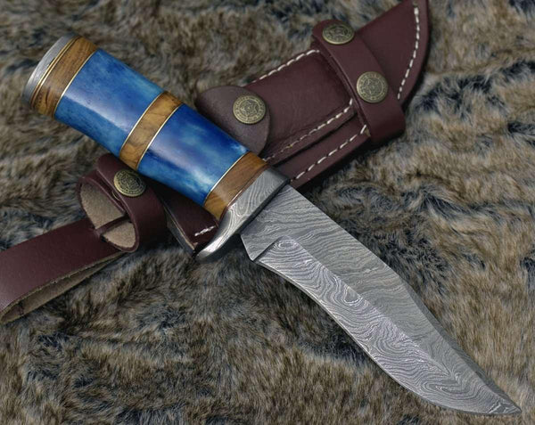 Lightbane Damascus Big Game Hunting Knife with Bone, Olive Wood Handle & Sheath - Gifts for You 'n Me