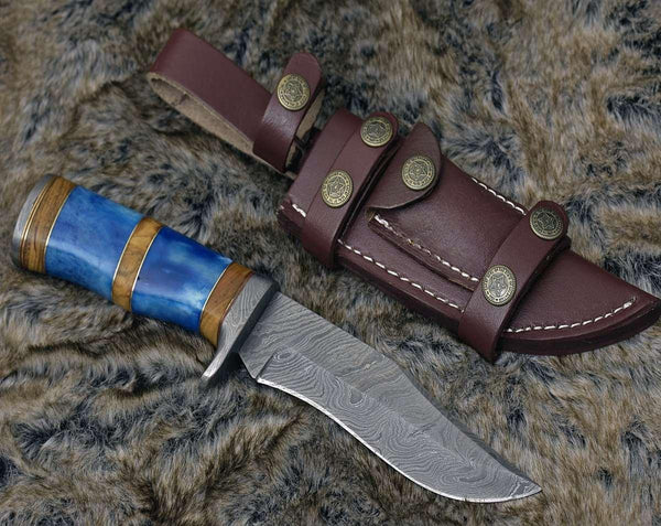 Lightbane Damascus Big Game Hunting Knife with Bone, Olive Wood Handle & Sheath - Gifts for You 'n Me