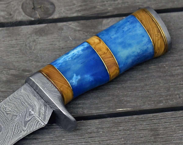 Lightbane Damascus Big Game Hunting Knife with Bone, Olive Wood Handle & Sheath - Gifts for You 'n Me