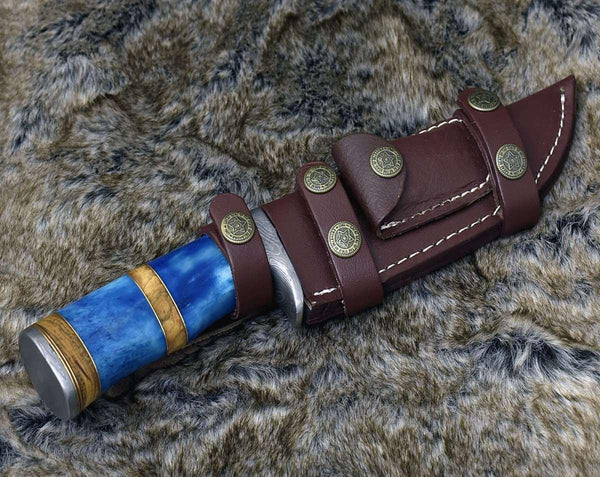 Lightbane Damascus Big Game Hunting Knife with Bone, Olive Wood Handle & Sheath - Gifts for You 'n Me