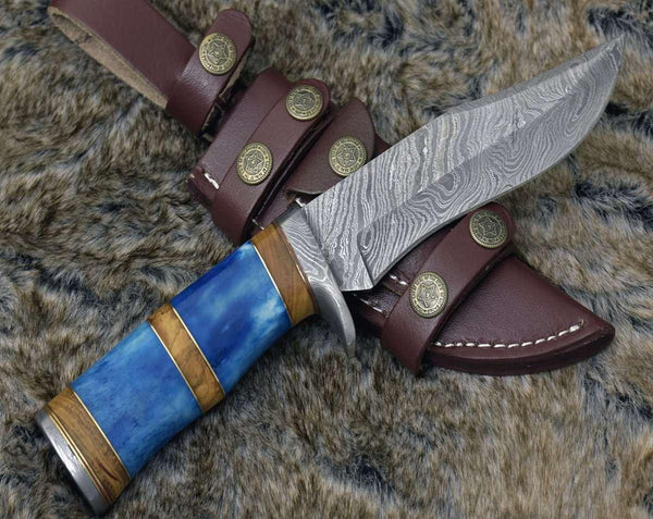 Lightbane Damascus Big Game Hunting Knife with Bone, Olive Wood Handle & Sheath - Gifts for You 'n Me