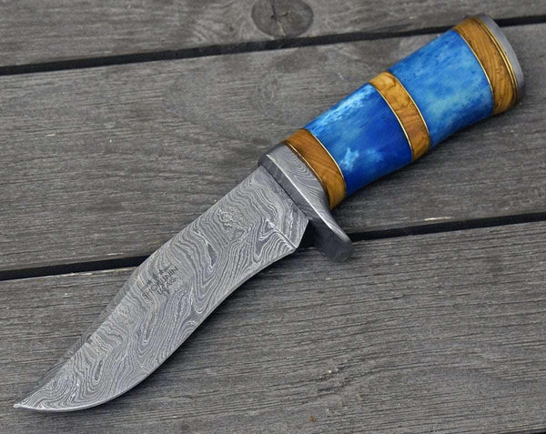 Lightbane Damascus Big Game Hunting Knife with Bone, Olive Wood Handle & Sheath - Gifts for You 'n Me