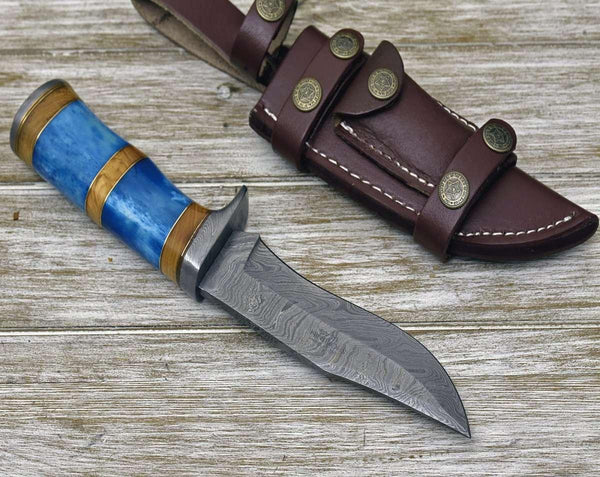 Lightbane Damascus Big Game Hunting Knife with Bone, Olive Wood Handle & Sheath - Gifts for You 'n Me