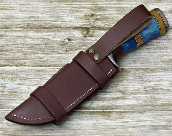 Lightbane Damascus Big Game Hunting Knife with Bone, Olive Wood Handle & Sheath - Gifts for You 'n Me