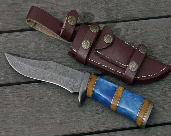 Lightbane Damascus Big Game Hunting Knife with Bone, Olive Wood Handle & Sheath - Gifts for You 'n Me