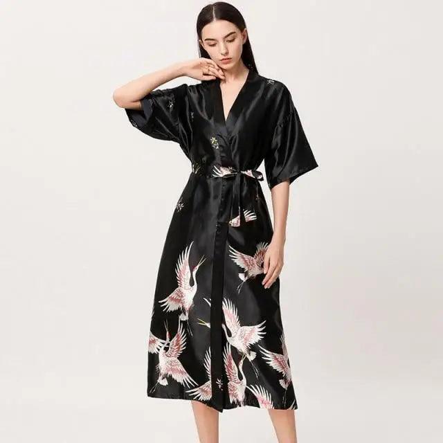 Lightweight Black Floral Birds Printed Women Bathrobe Elegant Design Floral Breathable Robe