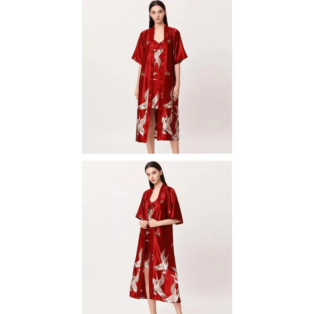 Lightweight Black Floral Birds Printed Women Bathrobe Elegant Design Floral Breathable Robe