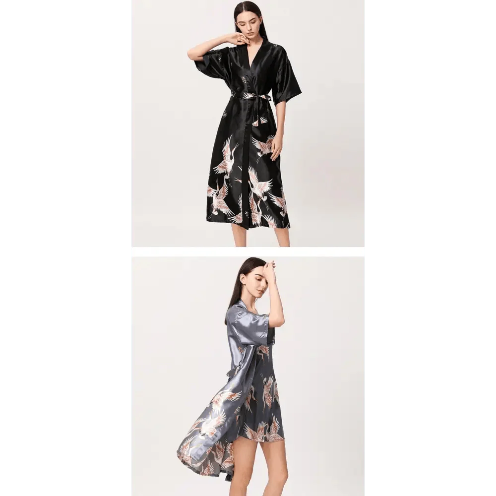 Lightweight Black Floral Birds Printed Women Bathrobe Elegant Design Floral Breathable Robe