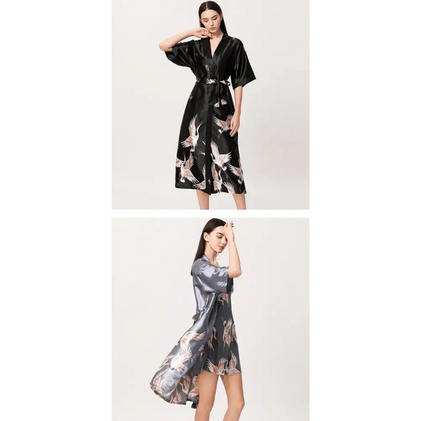 Lightweight Black Floral Birds Printed Women Bathrobe Elegant Design Floral Breathable Robe