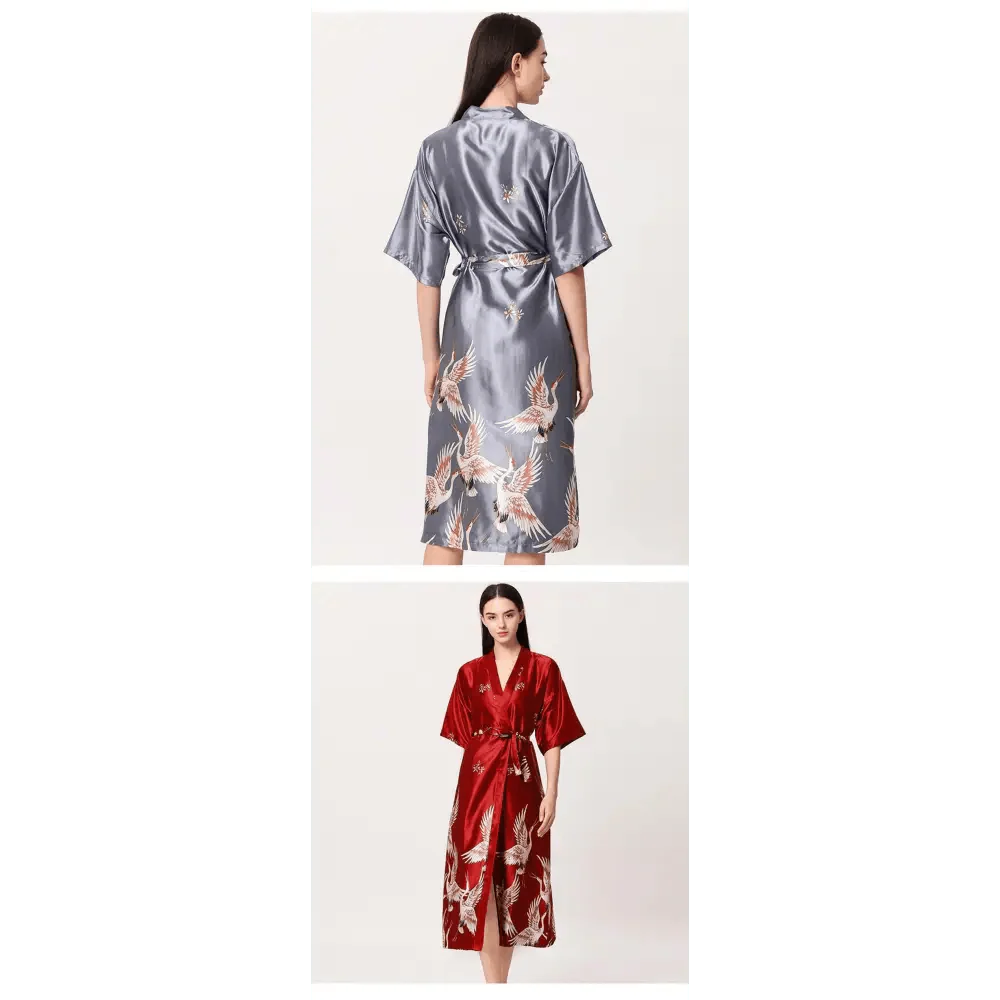 Lightweight Black Floral Birds Printed Women Bathrobe Elegant Design Floral Breathable Robe