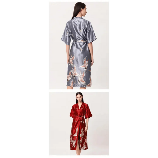 Lightweight Black Floral Birds Printed Women Bathrobe Elegant Design Floral Breathable Robe