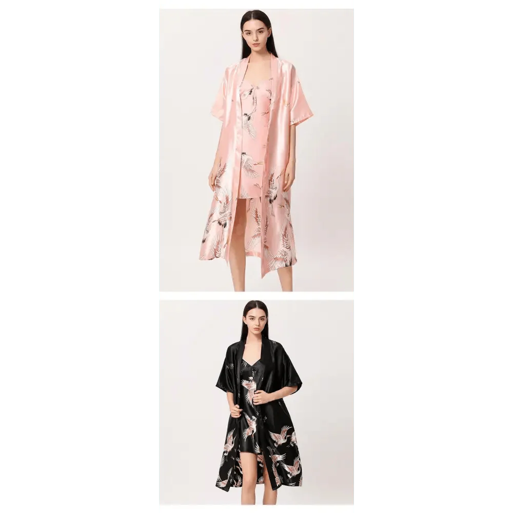 Lightweight Black Floral Birds Printed Women Bathrobe Elegant Design Floral Breathable Robe