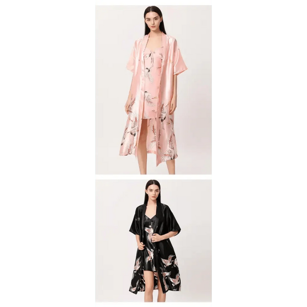 Lightweight Black Floral Birds Printed Women Bathrobe Elegant Design Floral Breathable Robe