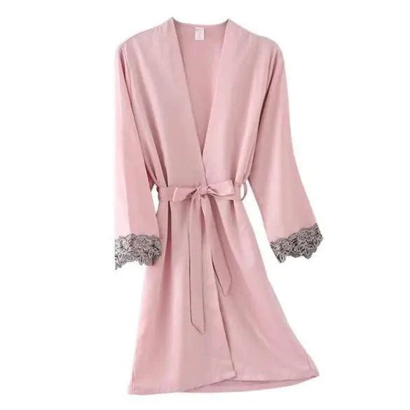 Lightweight Pink Women Sleepwear Classic Design Silk Bathrobe Lace Trim Bridesmaid Bride Party Robes