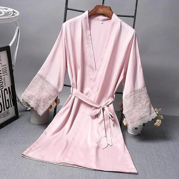 Lightweight Pink Women Sleepwear Classic Design Silk Bathrobe Lace Trim Bridesmaid Bride Party Robes
