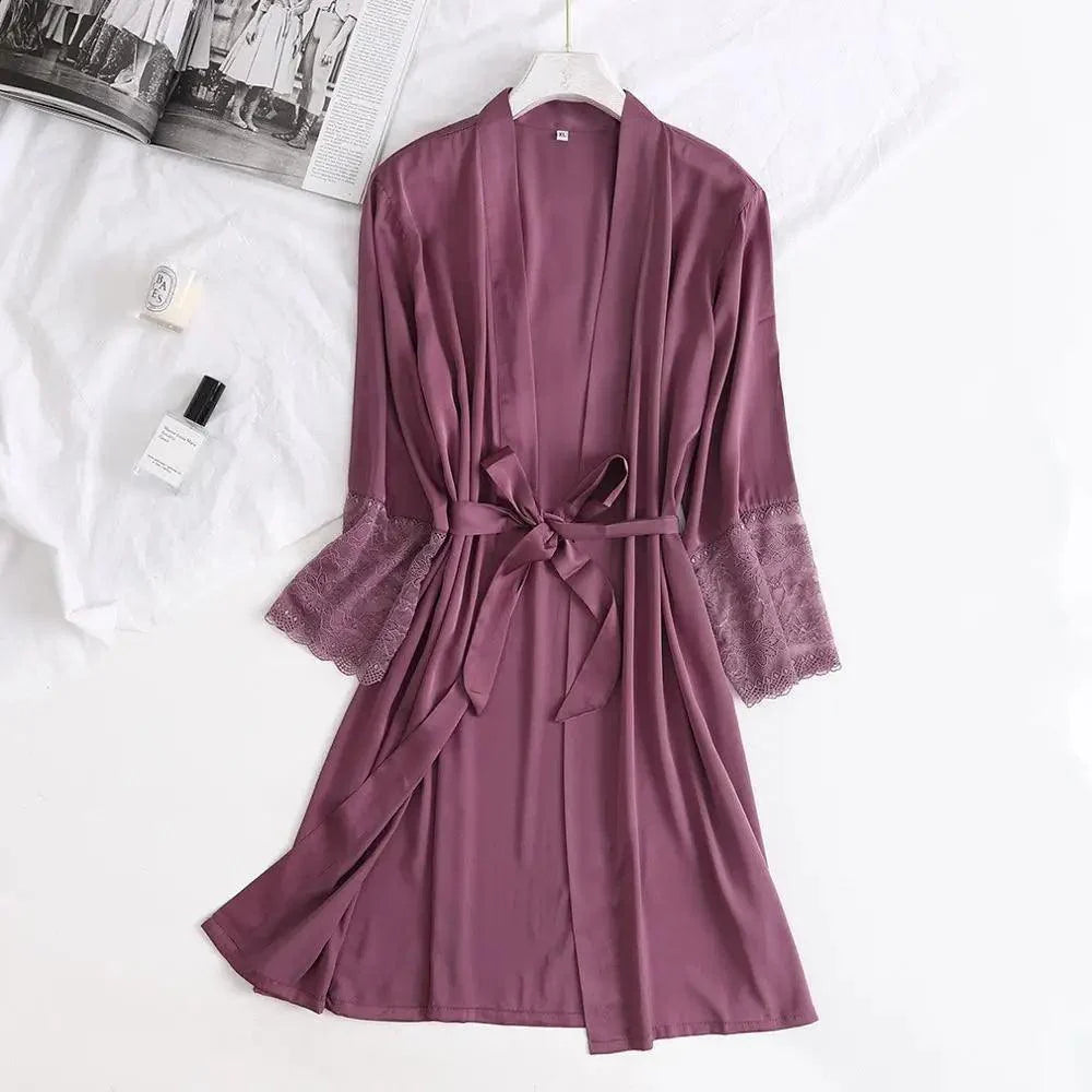 Lightweight Pink Women Sleepwear Classic Design Silk Bathrobe Lace Trim Bridesmaid Bride Party Robes